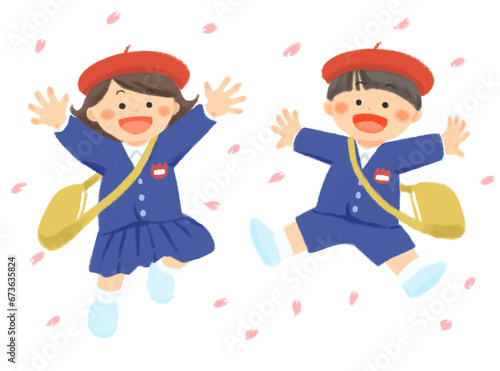 ジャンプする笑顔の制服を着た子どものイラスト（帽子あり）
