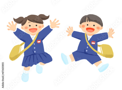 ジャンプする笑顔の制服を着た子どものイラスト
