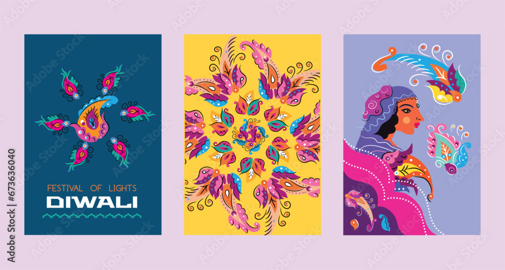 Fototapeta premium Traditional Indian festival Diwali. Happy Festival of lights Deepavali Template banner, poster, greeting card Festive Burning diya graphic design background Vector abstract flat illustration