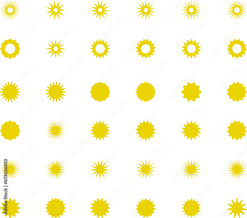 Sun icon set. Yellow sun star icons or logo collection. Summer, sunlight, sunset, sunburst. Vector illustration. Sun icon set. Yellow sun star icons or logo collection. Summer, sunlight, sunset, sunburst. Vector illustration.