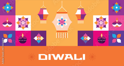 Traditional Indian festival Diwali. Happy Festival of lights Deepavali Template banner, poster, greeting card Festive Burning diya graphic design background Vector abstract flat illustration