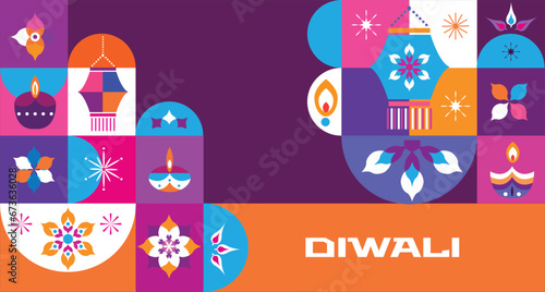 Traditional Indian festival Diwali. Happy Festival of lights Deepavali Template  banner, poster, greeting card Festive Burning diya graphic design background Vector abstract flat illustration