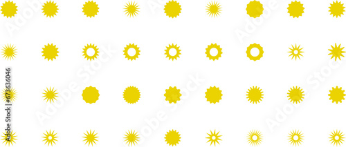 Sun icon set. Yellow sun star icons or logo collection. Summer, sunlight, sunset, sunburst. Vector illustration.