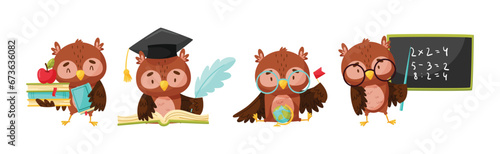 Funny Smart Owl Character Engaged in Study and Education Vector Set