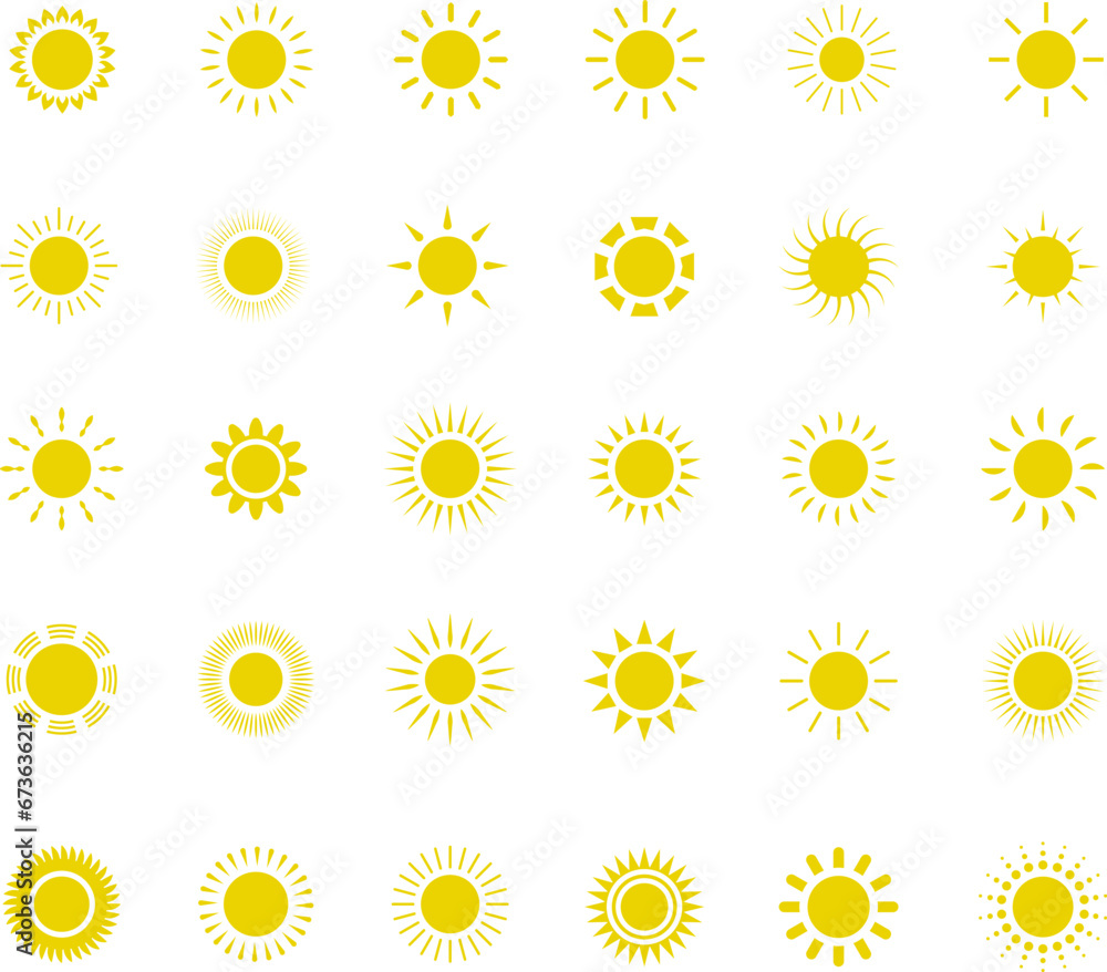 Sun icon set. Yellow sun star icons or logo collection. Summer, sunlight, sunset, sunburst. Vector illustration. Sun icon set. Yellow sun star icons or logo collection. Summer, sunlight, sunset, sunburst. Vector illustration.