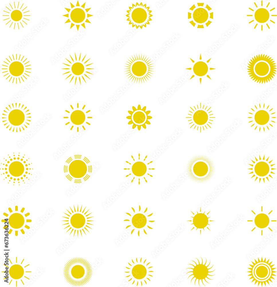 Sun icon set. Yellow sun star icons or logo collection. Summer, sunlight, sunset, sunburst. Vector illustration. Sun icon set. Yellow sun star icons or logo collection. Summer, sunlight, sunset, sunburst. Vector illustration.