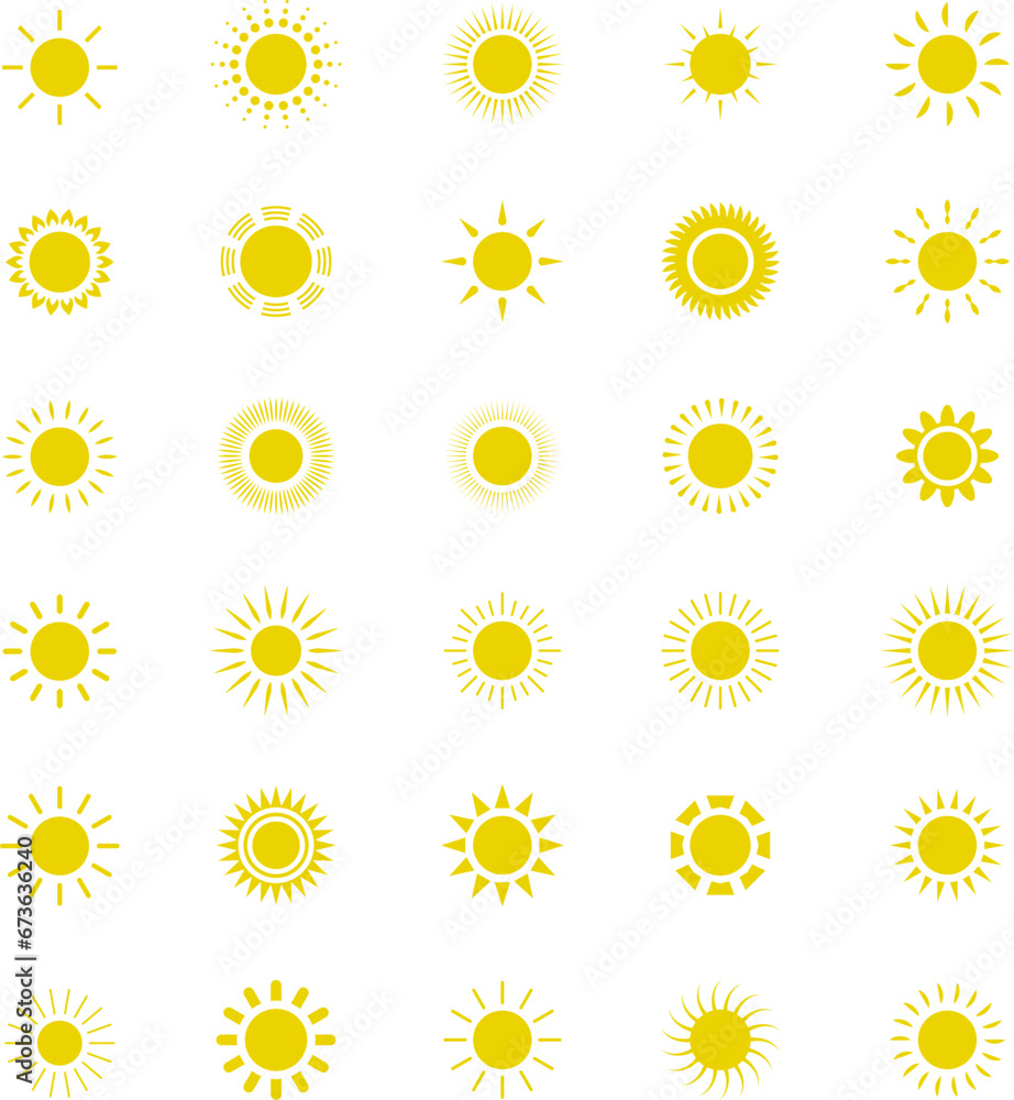 Sun icon set. Yellow sun star icons or logo collection. Summer, sunlight, sunset, sunburst. Vector illustration. Sun icon set. Yellow sun star icons or logo collection. Summer, sunlight, sunset, sunburst. Vector illustration.