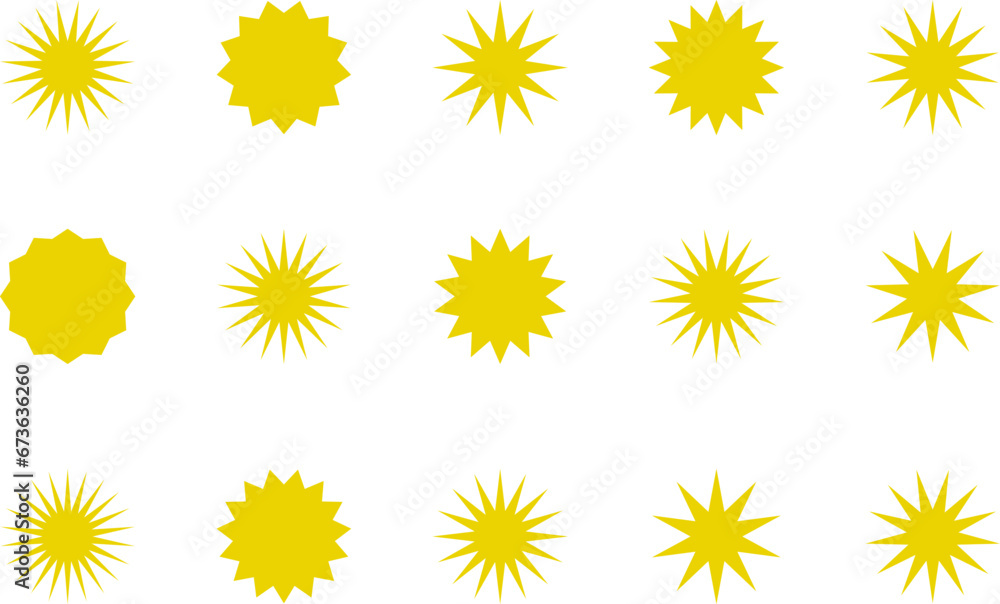 Sun icon set. Yellow sun star icons or logo collection. Summer, sunlight, sunset, sunburst. Vector illustration. Sun icon set. Yellow sun star icons or logo collection. Summer, sunlight, sunset, sunburst. Vector illustration.