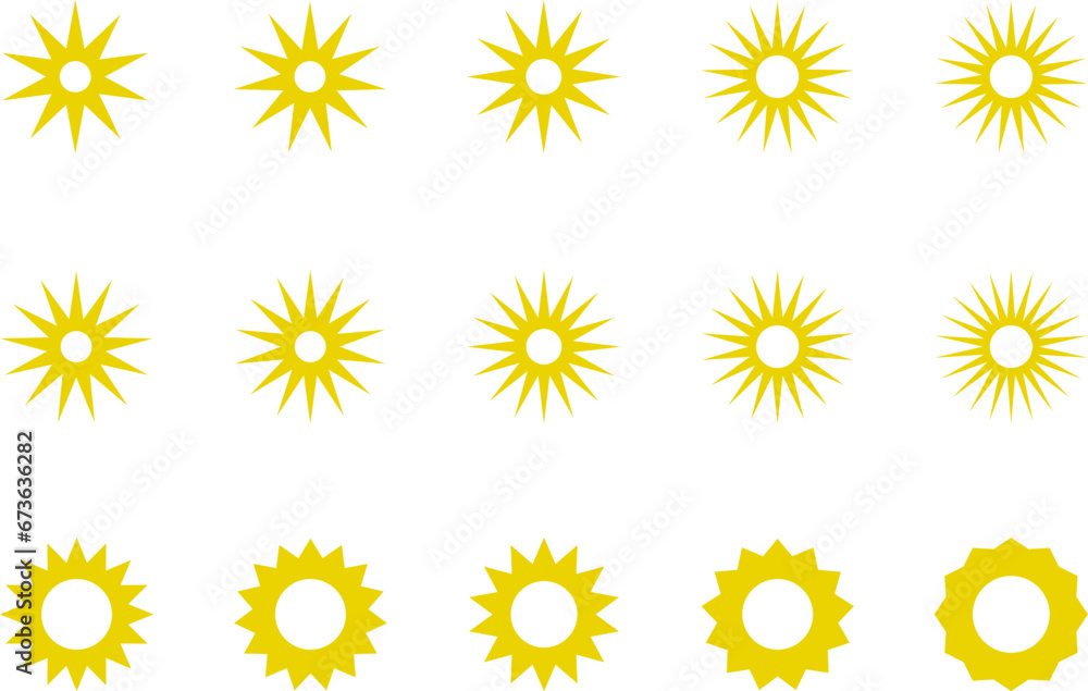 Sun icon set. Yellow sun star icons or logo collection. Summer, sunlight, sunset, sunburst. Vector illustration. Sun icon set. Yellow sun star icons or logo collection. Summer, sunlight, sunset, sunburst. Vector illustration.