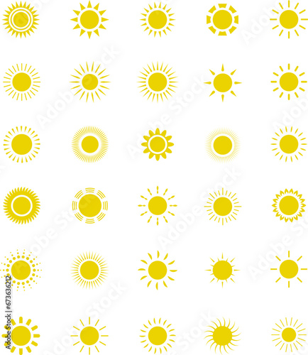 Sun icon set. Yellow sun star icons or logo collection. Summer, sunlight, sunset, sunburst. Vector illustration.