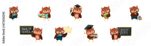 Funny Smart Owl Character Engaged in Study and Education Vector Set