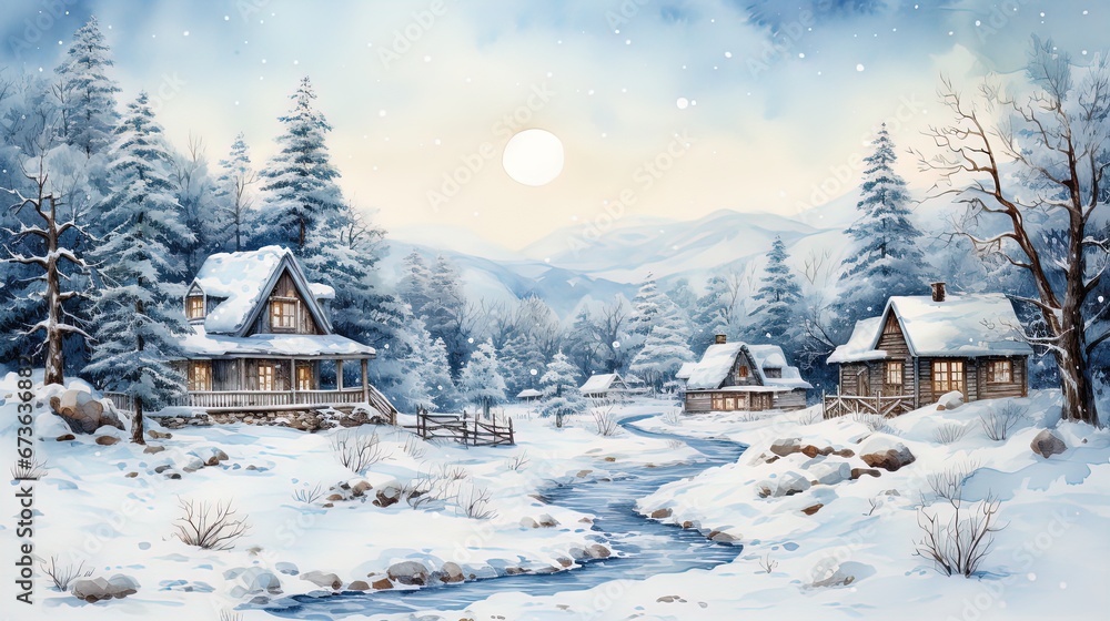 Minimalistic winter panoramic landscape with Copy space, illustration watercolor style.