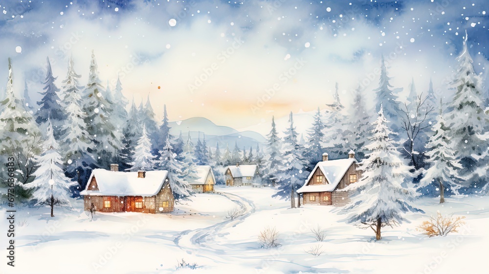 Minimalistic winter panoramic landscape with Copy space, illustration watercolor style.