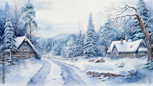 Minimalistic winter panoramic landscape with Copy space  illustration watercolor style.