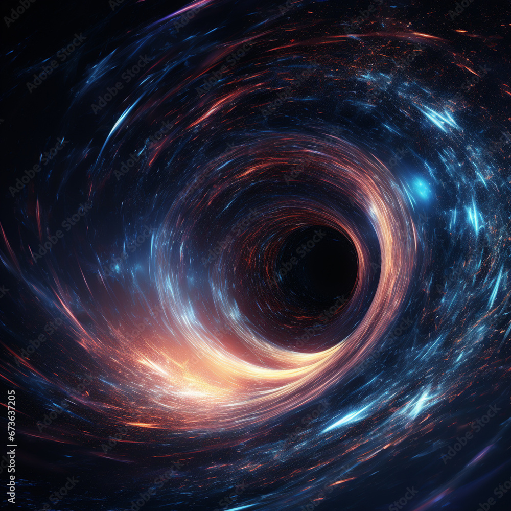 A black hole with a glowing constellation of various colors revolves around a black hole in the universe. A black hole with a glowing constellation of various colors revolves around a black hole in the universe.