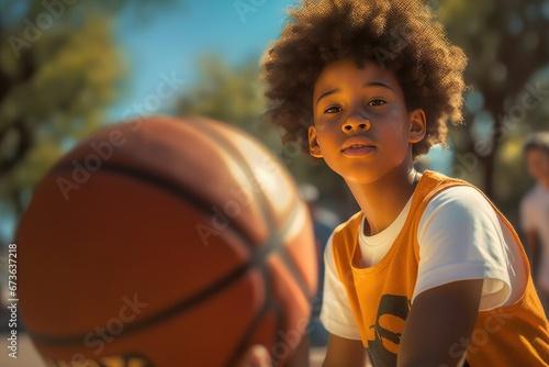 This adorable African American boy is having a great time playing basketball outdoors. His energy and laughter capture the hearts of everyone.Generative AI