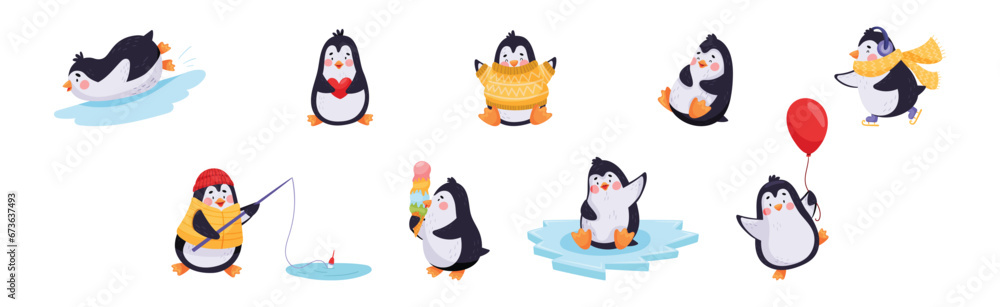 Obraz premium Cute Penguin Character Engaged in Different Activity Vector Set