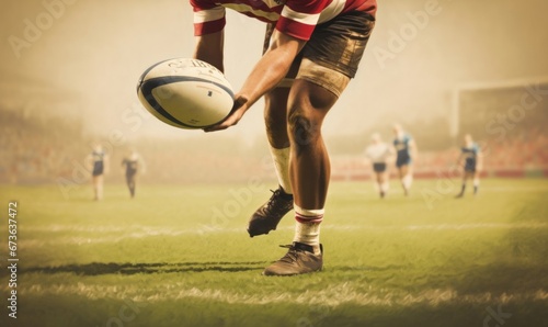 rugby player preparing to kick the oval ball during game, Generative AI photo