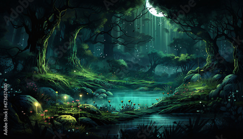 An Enchanting Night Time Forest Illustration, Where Moonlight and Shadows Create a Mystical World of Silent Beauty and Natural Splendor © Andrii Fanta