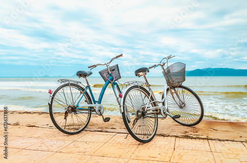 seascape with two old bicycles