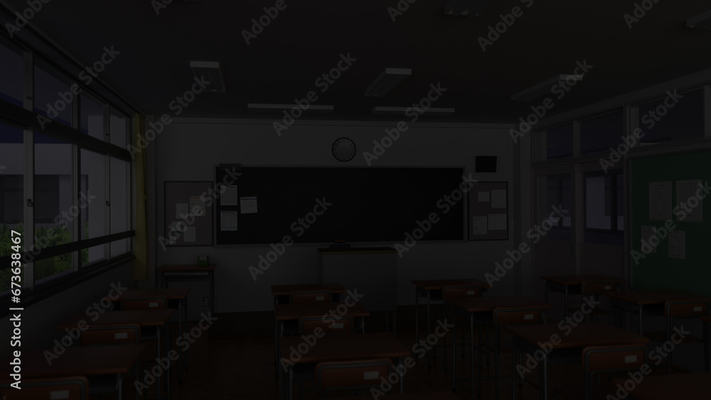 学校の教室／夜・照明OFF／3D・CG背景 - obrazy, fototapety, plakaty 