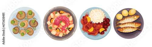 Portuguese Dishes and Main Courses View from Above Vector Set