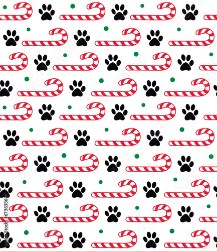 Seamless Pattern of Christmas Dog Pet, Dog Paws  prints and Candy Cane- Christmas Vector design 