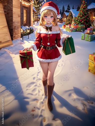 Beautiful girl in Santa Claus clothes over snowy background. Christmas.