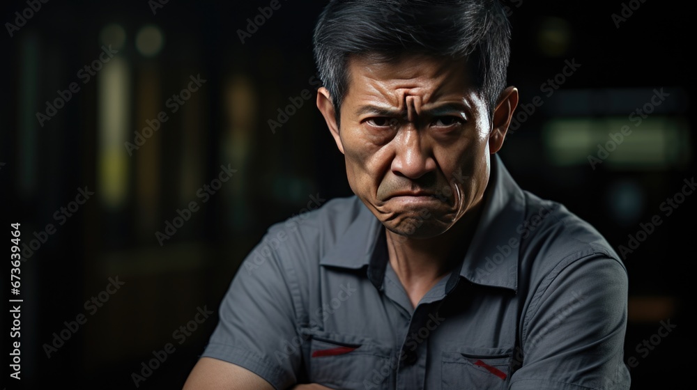 Unhappy expression angry, upset, frustrated, doubt face of Asian man on dark background, middle shot of middle-aged male shouting, yelling, extremely unhappy with wrinkles on face looking at camera - obrazy, fototapety, plakaty 