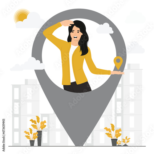 Flat vector address gps navigator service woman searching location