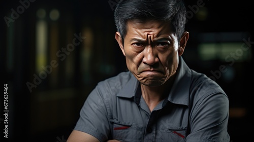 Unhappy expression angry, upset, frustrated, doubt face of Asian man on dark background, middle shot of middle-aged male shouting, yelling, extremely unhappy with wrinkles on face looking at camera