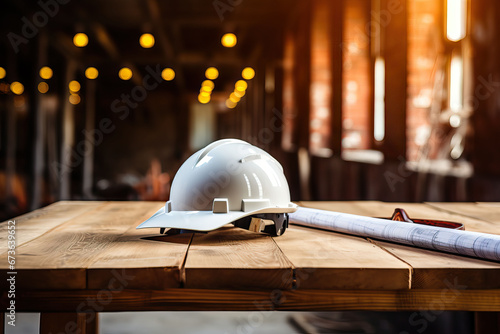 Architectural blueprint and helmet on the table at the construction site