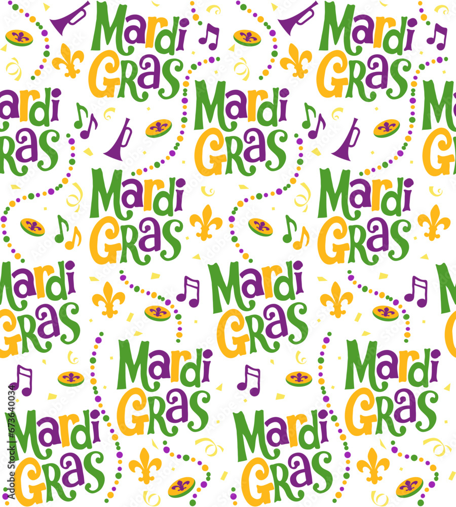 Seamless Pattern of Mardi Gras with Fleur de lis and Beads- Mardi Gras Background Vector Illustration Seamless Pattern of Mardi Gras with Fleur de lis and Beads- Mardi Gras Background Vector Illustration
