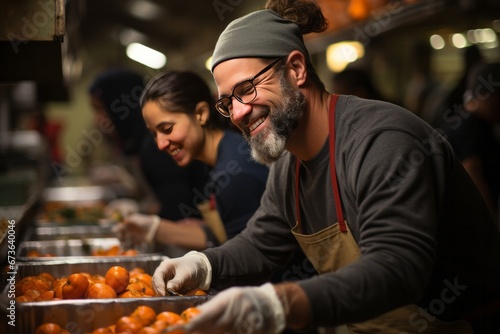 Group of people volunteering at a local shelter  serving Thanksgiving meals to the less fortunate  Generative AI