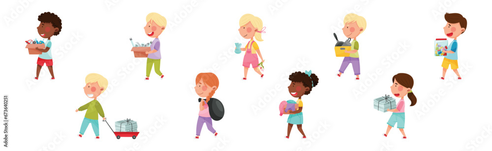 Little Kids Recycling and Sorting Garbage and Waste Vector Set Little Kids Recycling and Sorting Garbage and Waste Vector Set
