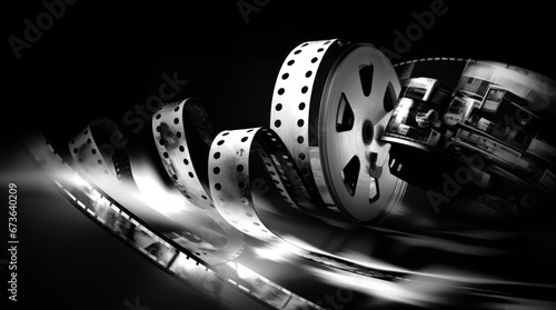 Creative Retro Mono Chromatic Movie Film Background with film strips spools and reels photo