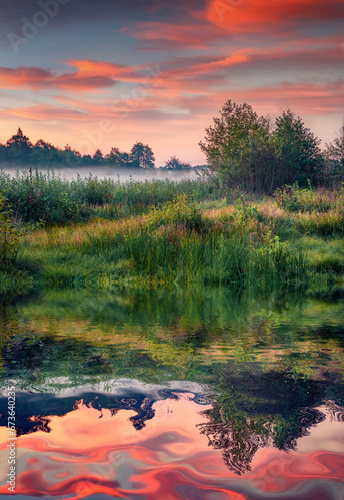 Green coast reflected in the calm waters of Krymne lake. Great summer sunset in Ukrainian countryside. Superb evening scene of Shatsky National Park, location, Volyn region, Ukraine. photo