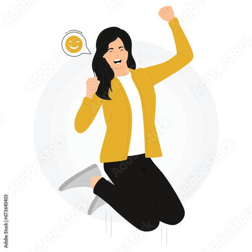 Flat vector woman jumped and smiled looking very happy joy and having fun