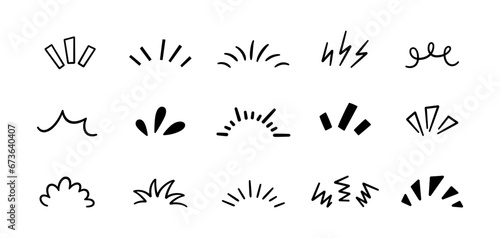 Doodle manga comic expression elements. Hand drawn shine sunburst ray. Doodle cartoon sparkle signs. Emotion effect design element. Sketch burst icon. Vector illustration isolated on white background.