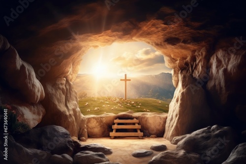 empty tomb of Jesus Christ at sunrise resurrection, Generative AI photo