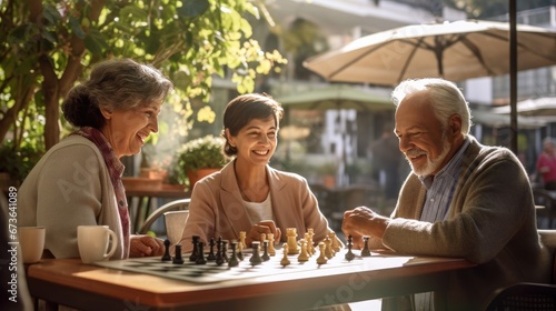 Cheerful Hispanic elderly 60s group of men and women people playing chess together in cafe shop, morning light in garden outdoor healthcare activities, pensioner female retirement laughing together