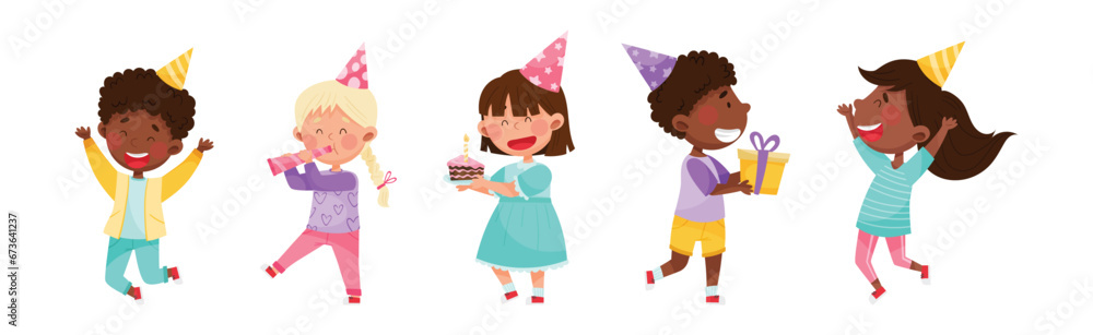 Kid Characters at Birthday Party in Cone Hat with Gift Box Celebrating Holiday Vector Set Kid Characters at Birthday Party in Cone Hat with Gift Box Celebrating Holiday Vector Set
