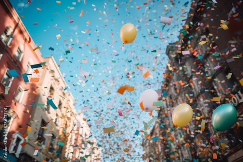background of confetti in the air celebration in the city, Generative AI