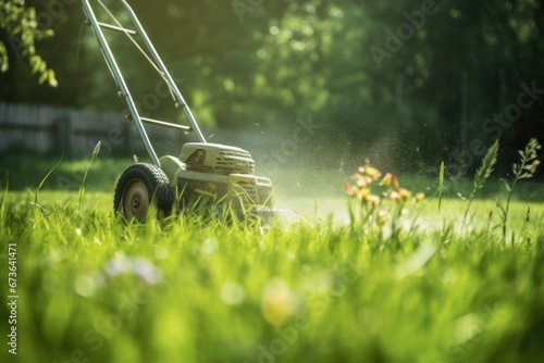 mowing the grass with a lawn mower, garden work concept background, Generative AI photo