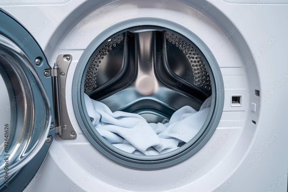 Close-up of an open laundry drum with laundry.