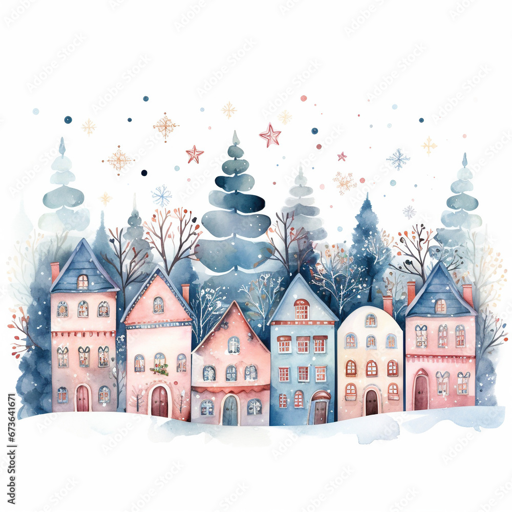 Watercolor Winter Happy Christmas Village Blue Tone
