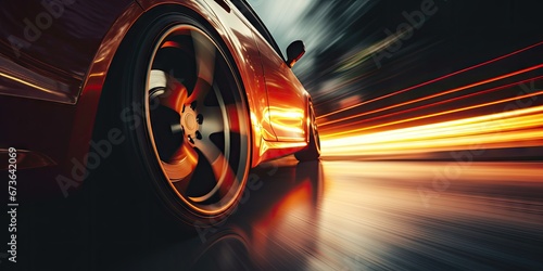 Car wheels close up, Sports car racing on the race track. Generative AI photo
