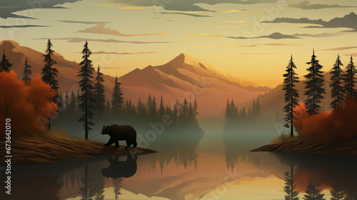 sunset over America's west with mountains, forest and river. A grizzly bear in the foreground. photo