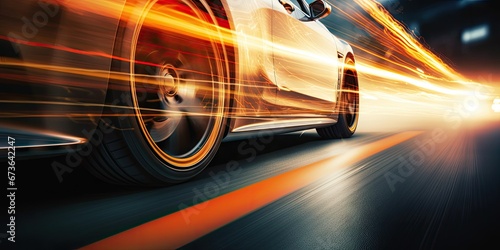 Car wheels close up, Sports car racing on the race track. Generative AI © Natee Meepian