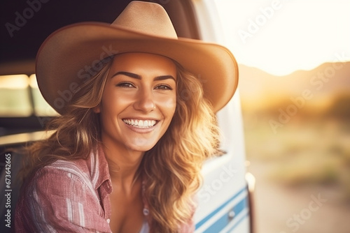 Beautiful young woman driver of a pickup truck wearing a cowboy hat. photo